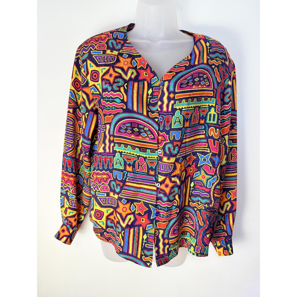Classics Anne Klein Womens Colorful Geometric Button-Down Blouse 6